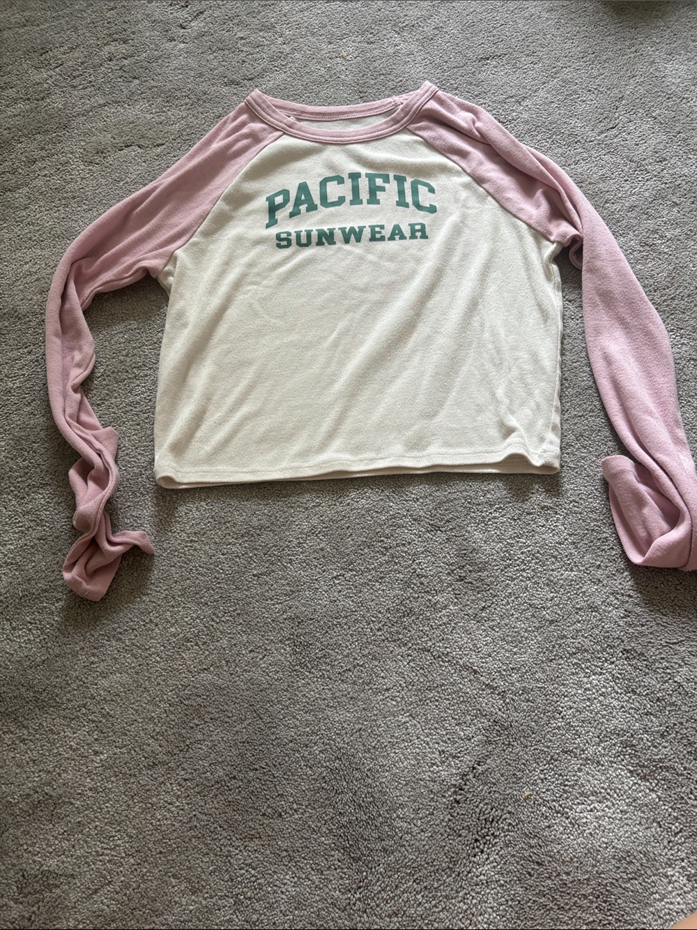 Pacific Sunwear Pink Raglan Sleeve White Crop top  and with Teal Logo